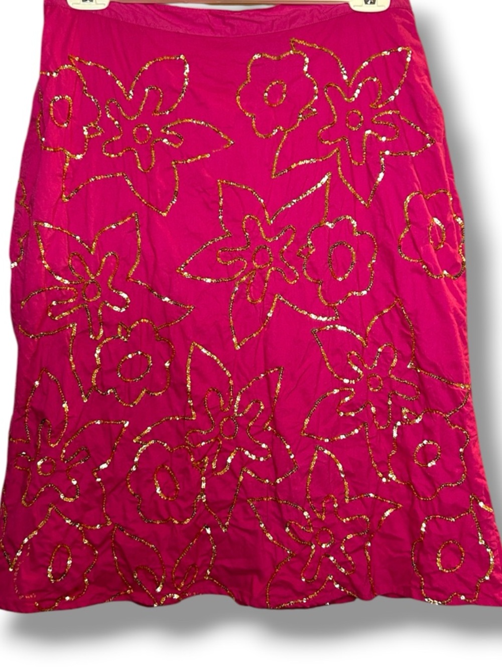 Vintage 100% Cotton Bright Pink Embroidered Gold Sequins Lined Skirt A-Line 6